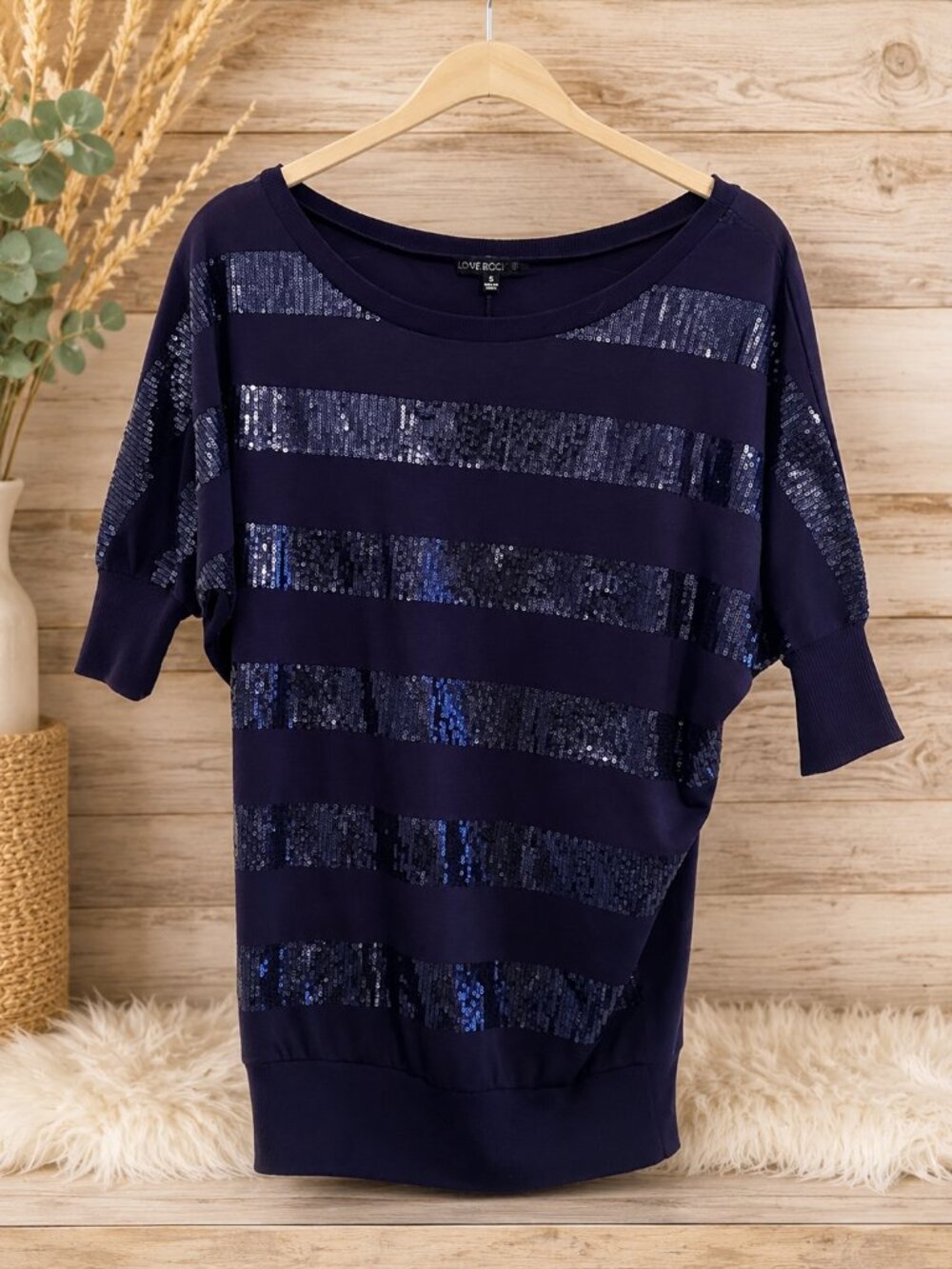 Love Rocks Navy Sequin Stripe Dolman Sleeve Top